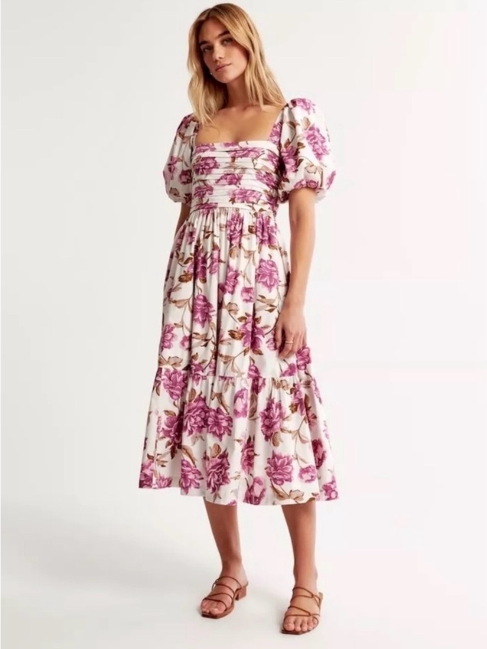 Abercrombie Emerson Poplin Puff Sleeve Midi Dress | White Print | Size Small